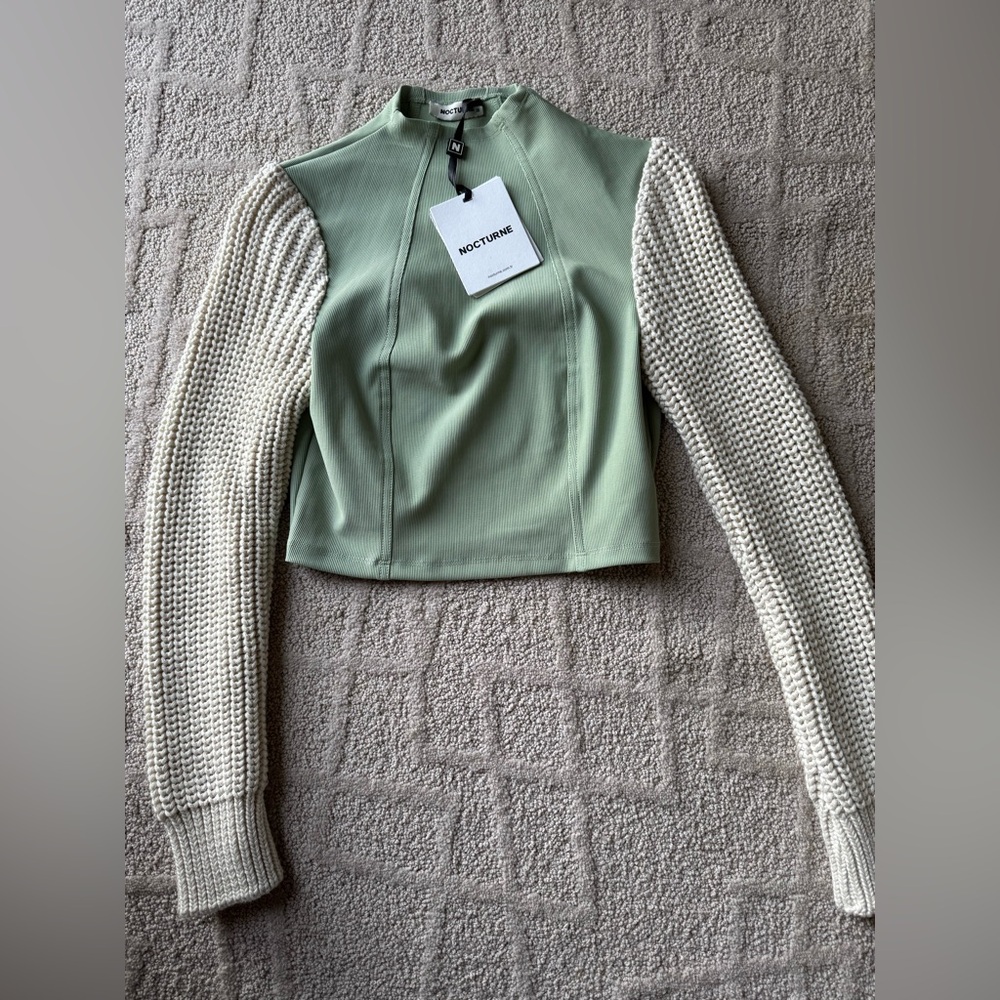 Nocturne light green and cream crochet sleeve top. Is slightly cropped.